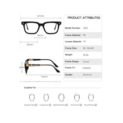 Product attributes of a pair of glasses with dimensions and material details.