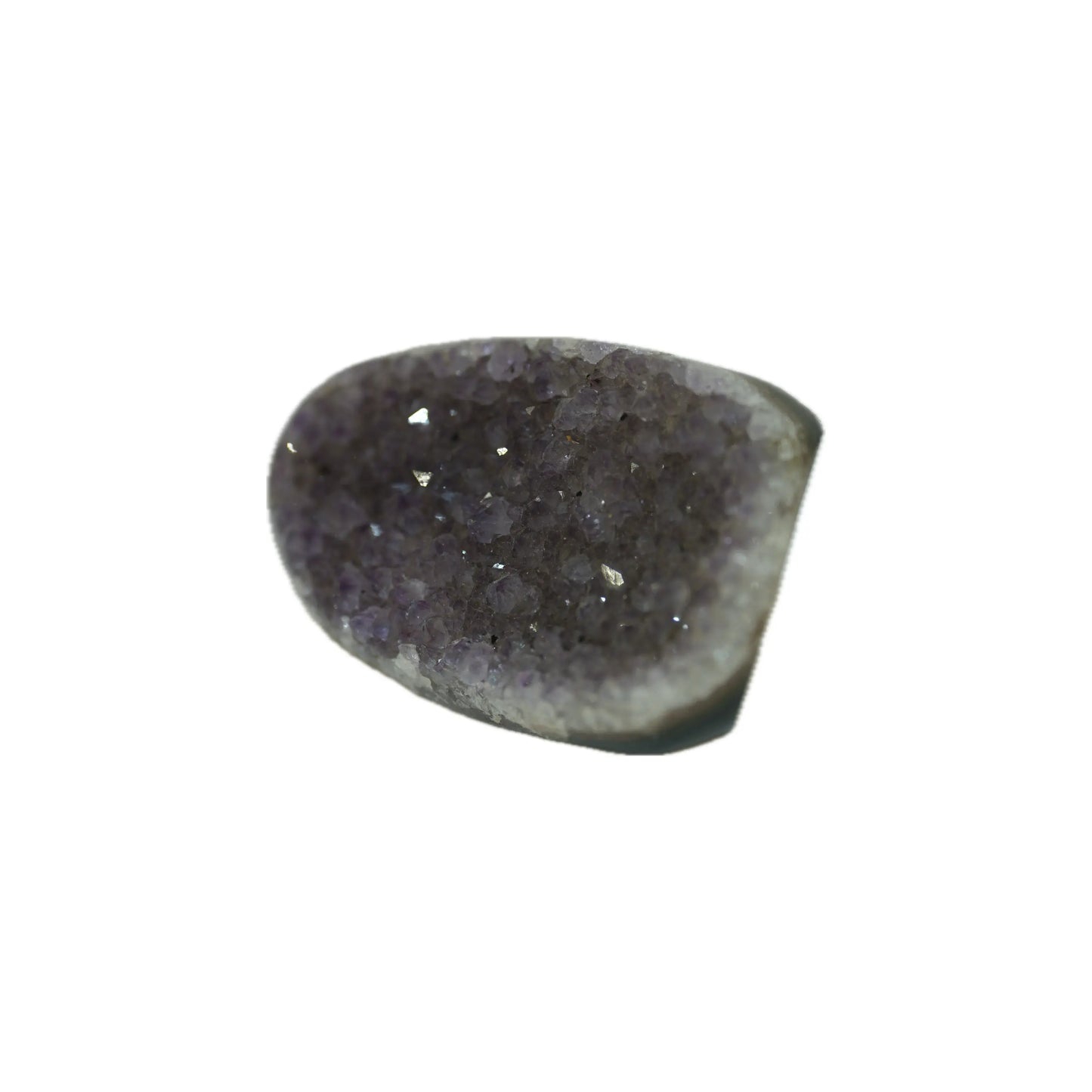Raw flat amethyst cluster with sparkling purple quartz crystals and smooth backing, angled close view