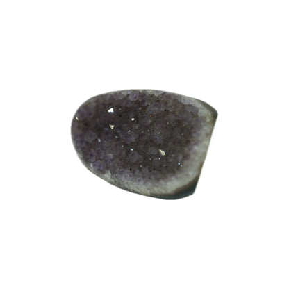 Raw flat amethyst cluster with sparkling purple quartz crystals and smooth backing, angled close view