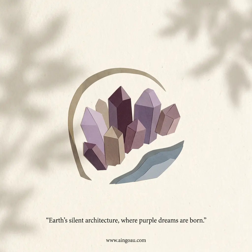 A minimalist art print featuring stylized purple and lavender crystal clusters inside a circular frame, with a quote below reading, 'Earth's silent architecture, where purple dreams are born.' on a textured cream background with soft leaf shadows.