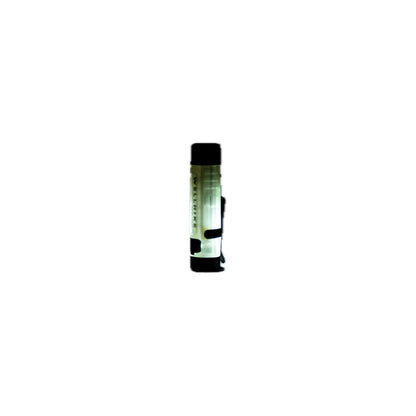 A black and clear flashlight, slightly illuminated, with a strap attached, against a white background.