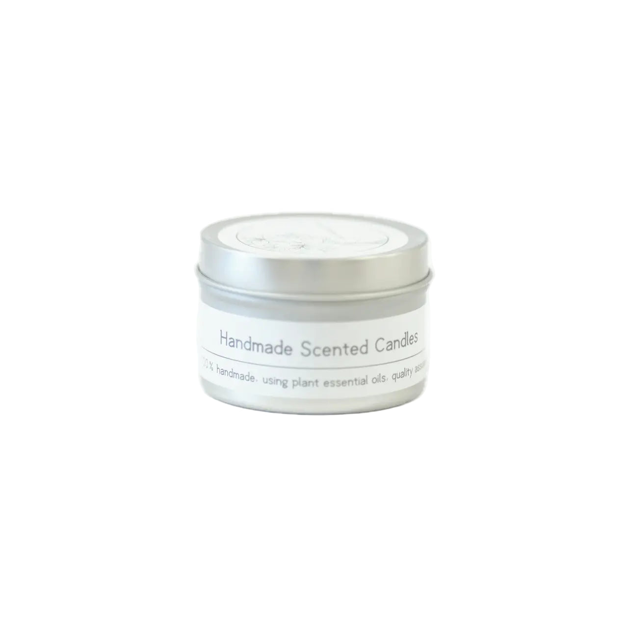 A silver tin candle labeled "Handmade Scented Candles" highlighting its artisanal quality and use of plant essential oils on a white background.