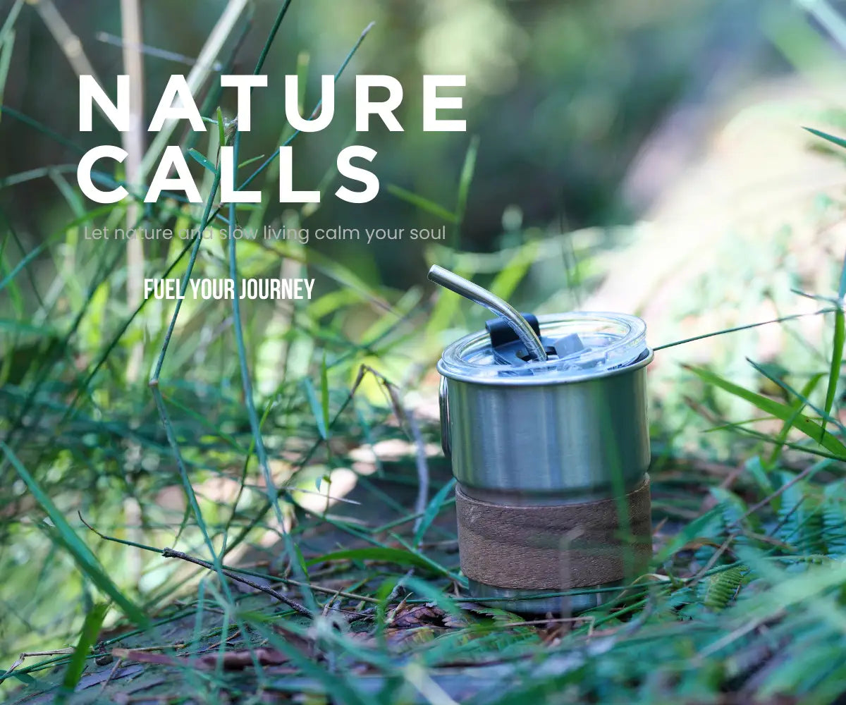RoamCup stainless steel outdoor cup resting in nature with eco-friendly design, perfect for camping, hiking, slow living, and sustainable hydration.