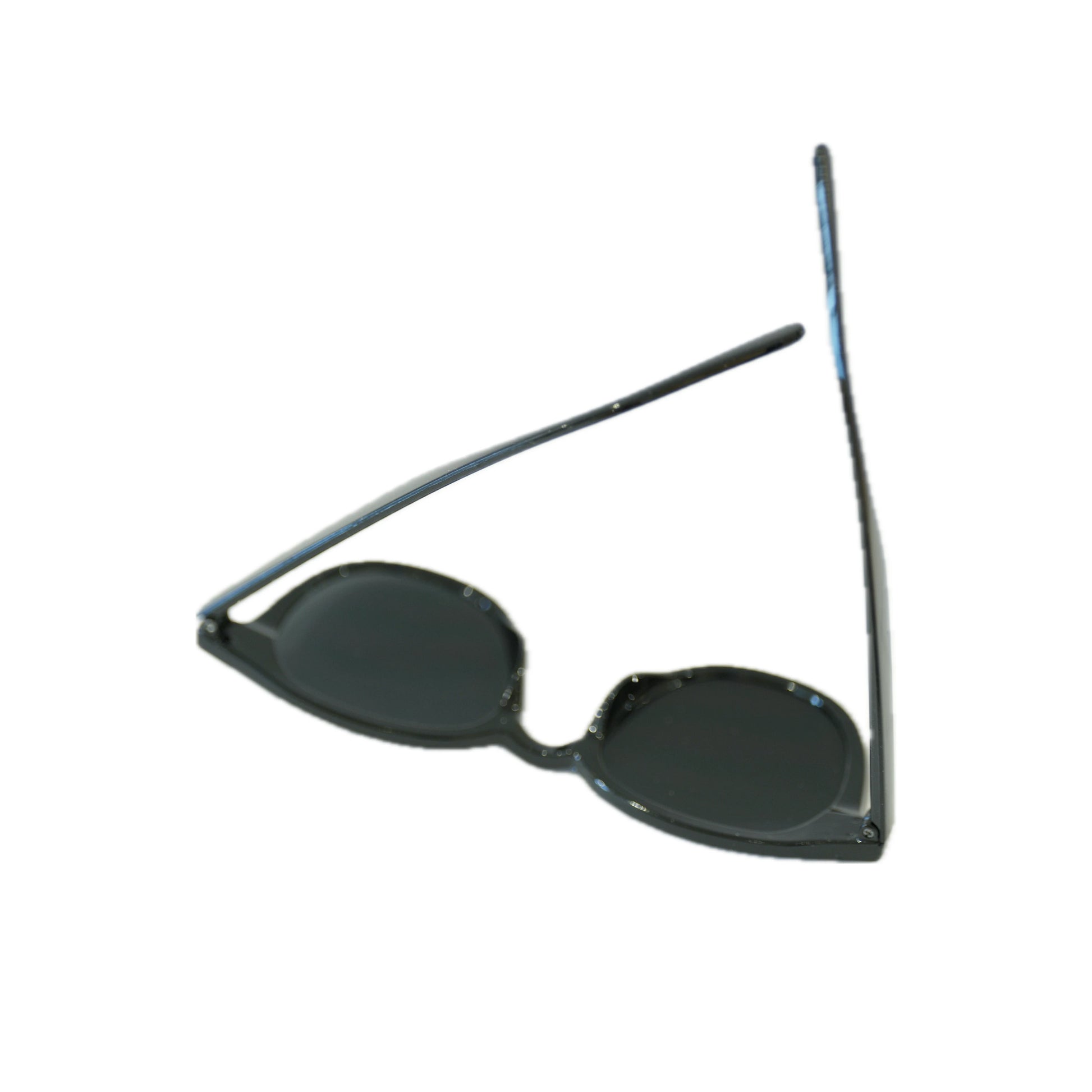Stylish black sunglasses with oval lenses and sleek frames, resting on a white background.