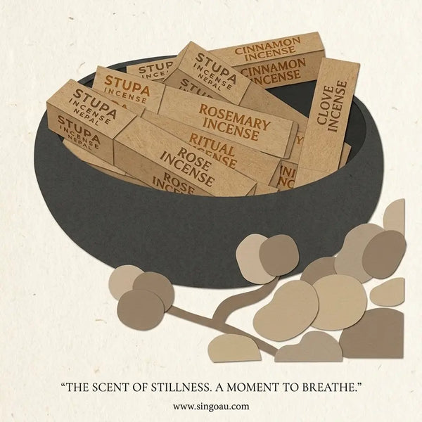 Illustrated product graphic showing several small rectangular incense sticks labeled with types such as cinnamon incense, rosemary incense, and clove incense, arranged in a dark bowl on a light textured background. A quote and website text appear below.