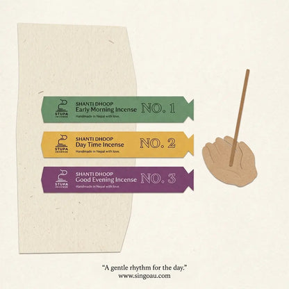 Three incense strips labeled Shanti Dhoop Early Morning Incense No. 1 in green, Shanti Dhoop Day Time Incense No.