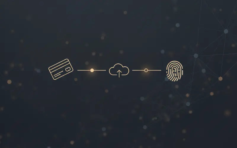 Illustration of a credit card, cloud, and fingerprint icon on a dark background with network lines.