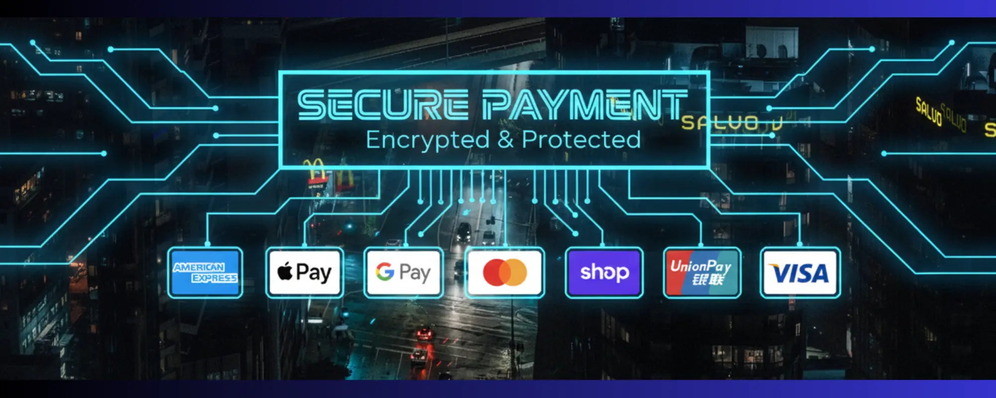 Secure payment graphic with various payment icons on a digital circuit board background