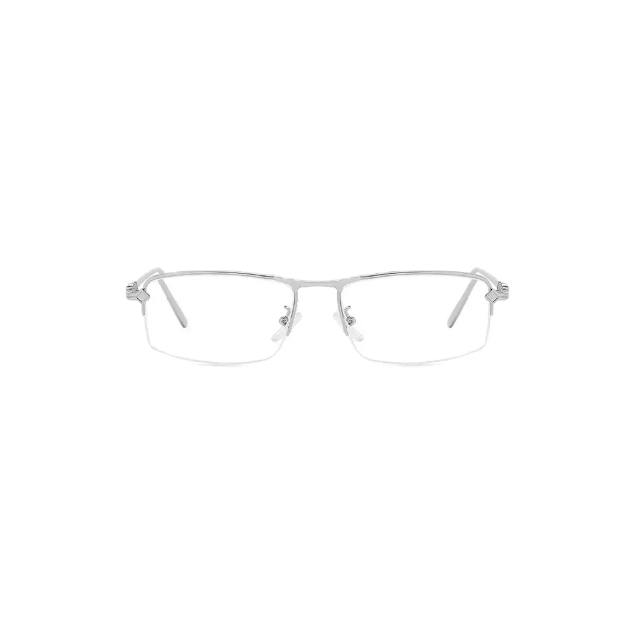 Sleek silver eyeglasses with a minimalist design, featuring thin rectangular frames and no lenses.