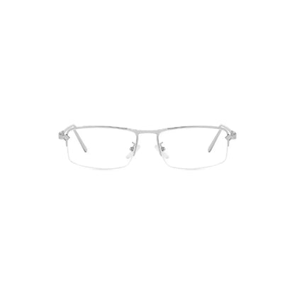 Sleek silver eyeglasses with a minimalist design, featuring thin rectangular frames and no lenses.