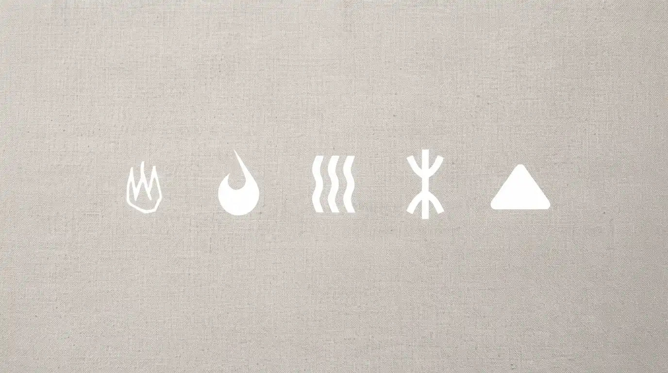 Five white abstract symbols resembling flames, water droplets, waves, a branching figure, and a triangle on a beige fabric background.