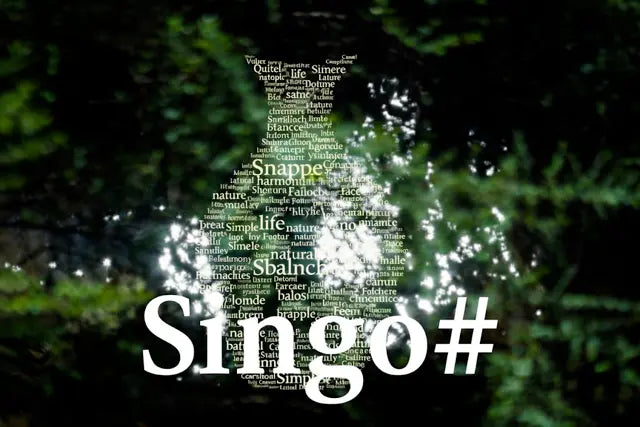 Text-based design with 'Singo#' in a natural setting