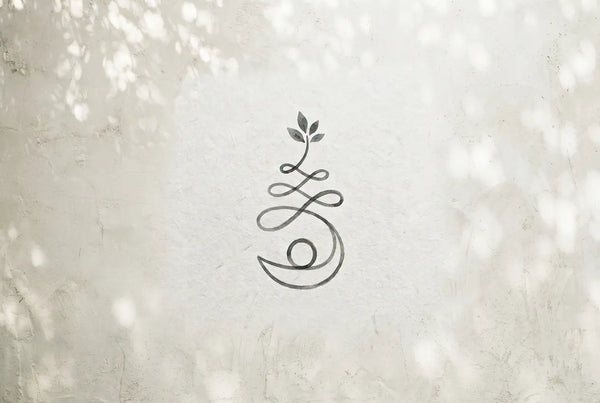 Abstract black line art of a person with a sprouting plant above their head on a textured white wall with soft light shadows.