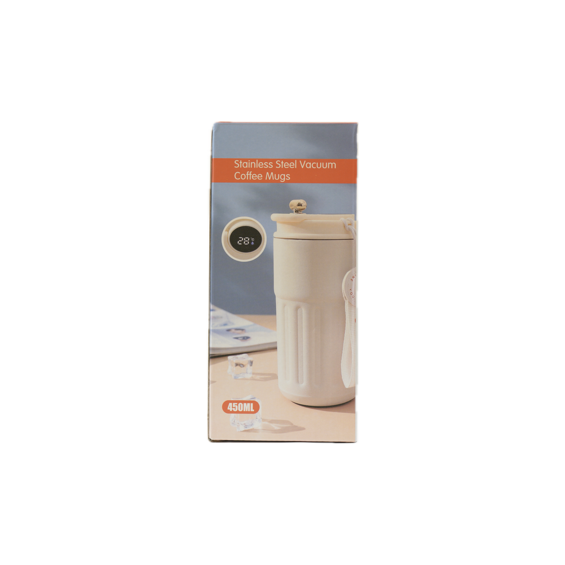 Packaging for a stainless steel vacuum coffee mug, featuring a digital temperature display and a 450ml capacity.