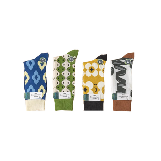 A display of four colorful patterned socks, showcasing unique designs in blue, green, yellow, and brown, labeled "THE Characteristic Socks."
