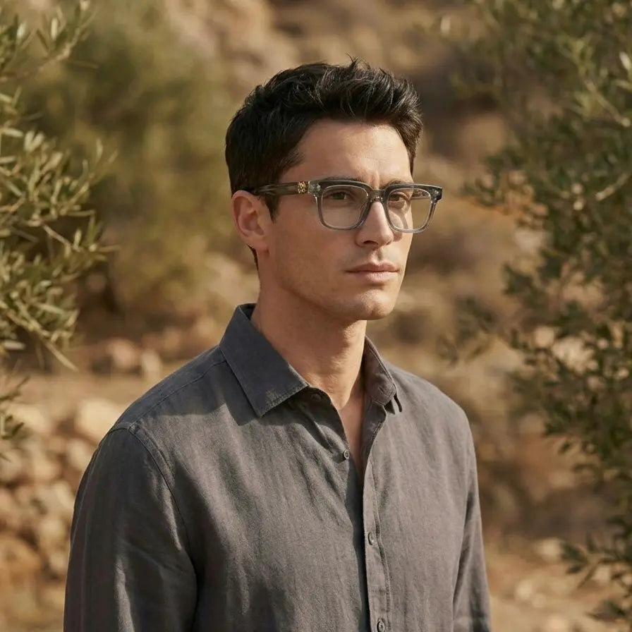 A person in a gray shirt stands outdoors, surrounded by olive trees, with a rocky landscape in the background.