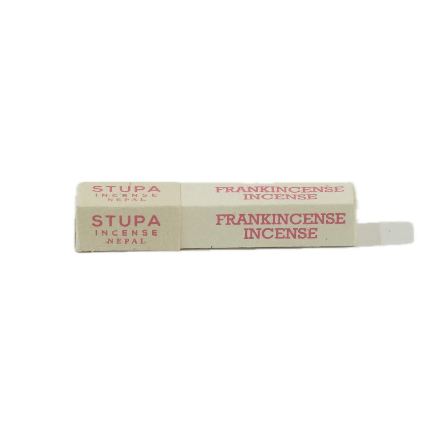 A beige box of "Stupa Frankincense Incense" from Nepal, featuring red text on both sides.