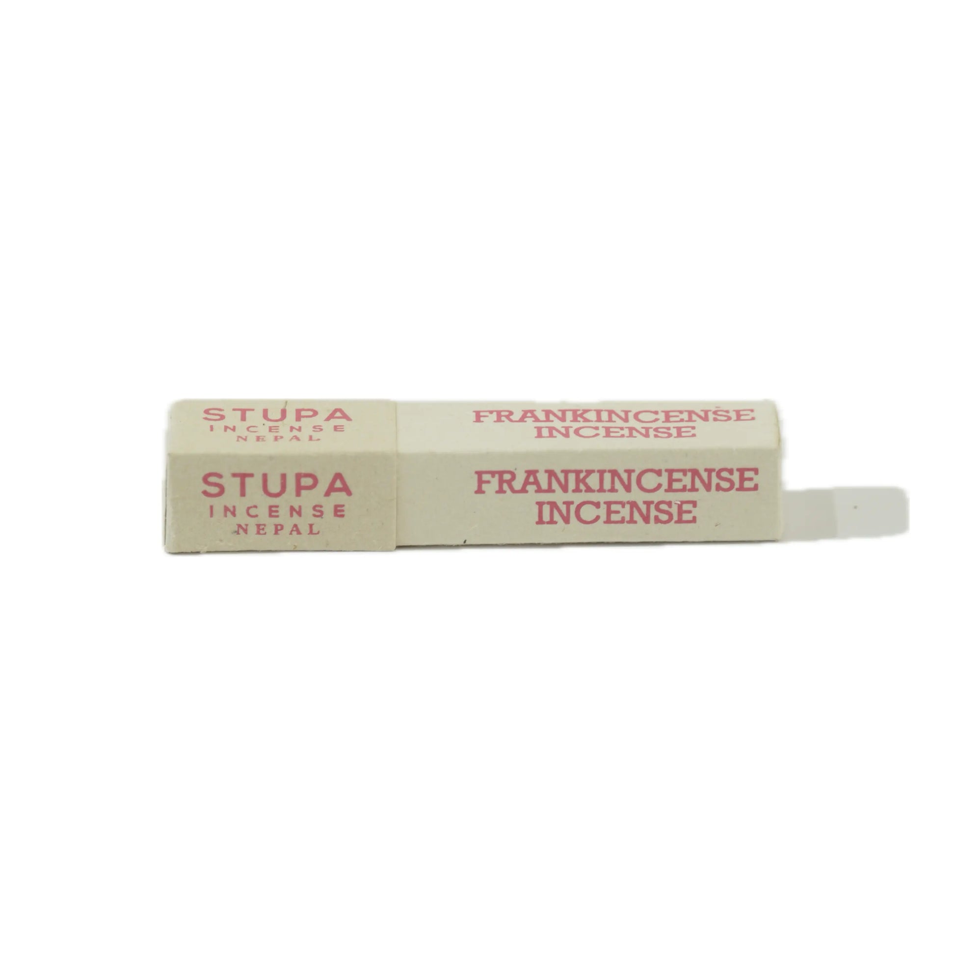 A beige box of "Stupa Frankincense Incense" from Nepal, featuring red text on both sides.