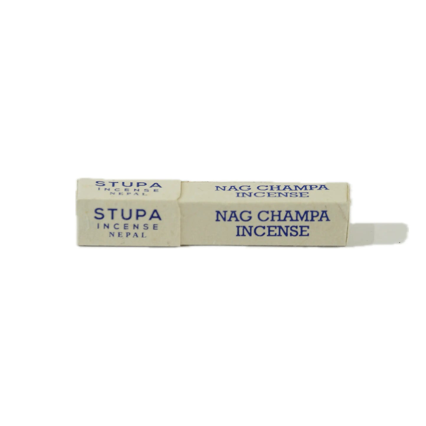 Close-up of a box of Nag Champa incense from Stupa, labeled in blue text on a white background, featuring “Incense Nepal” branding.