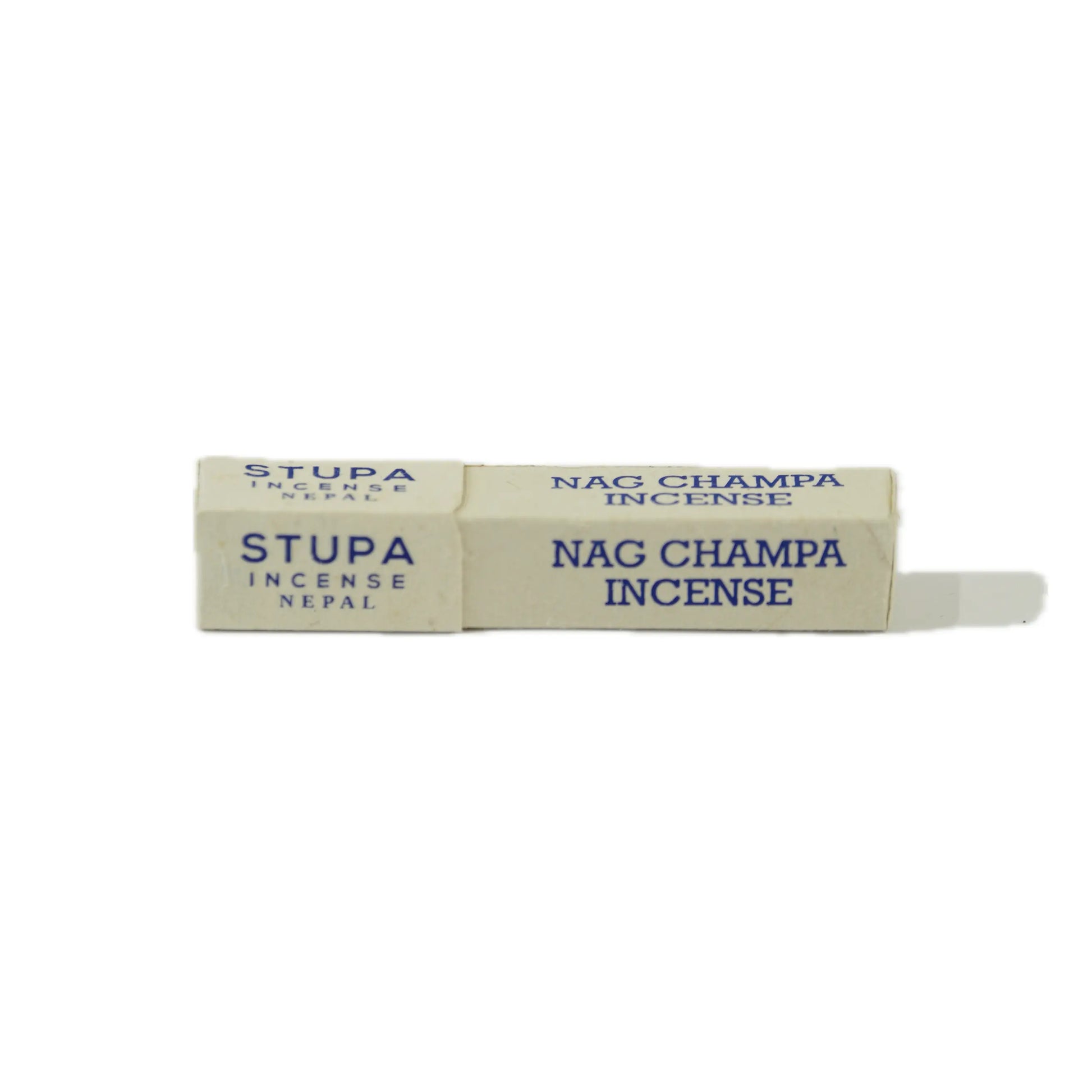 Close-up of a box of Nag Champa incense from Stupa, labeled in blue text on a white background, featuring “Incense Nepal” branding.