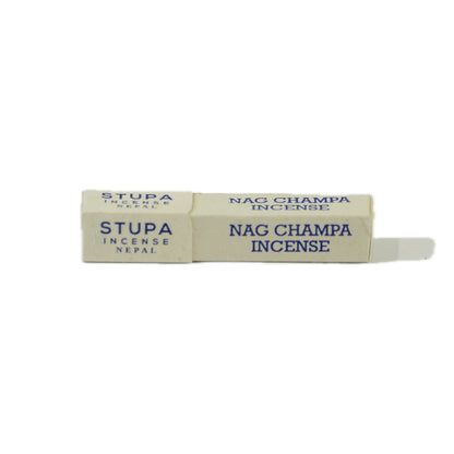 Close-up of a box of Nag Champa incense from Stupa, labeled in blue text on a white background, featuring “Incense Nepal” branding.