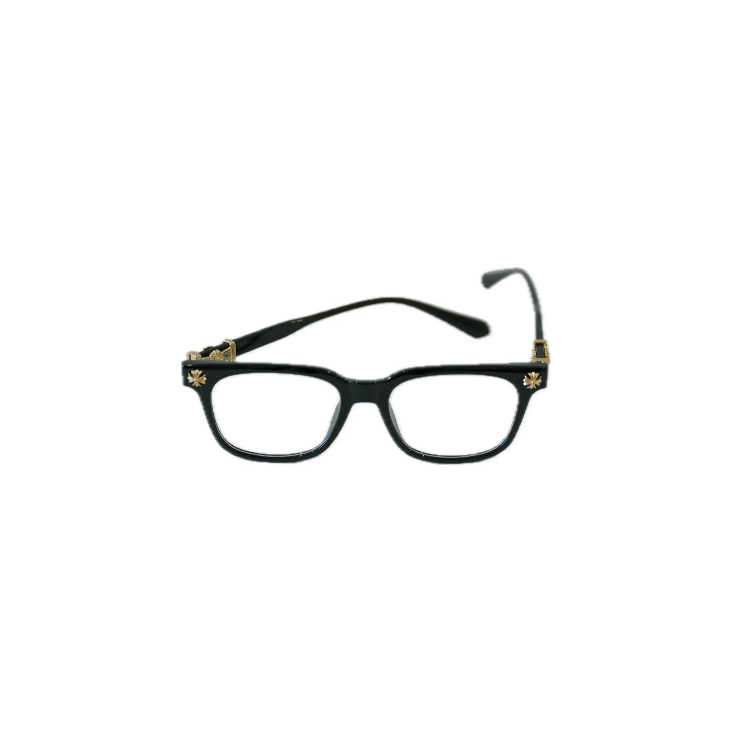 Stylish black eyeglasses with a modern rectangular frame and decorative gold accents on the temples.