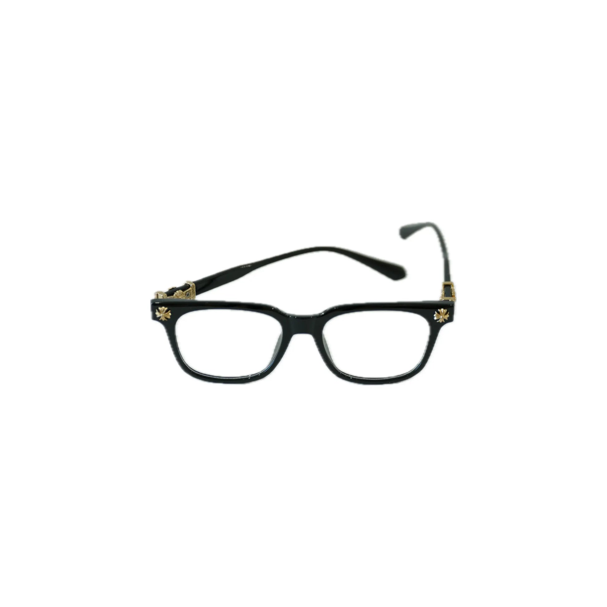 Stylish black eyeglasses with a modern rectangular frame and decorative gold accents on the temples.