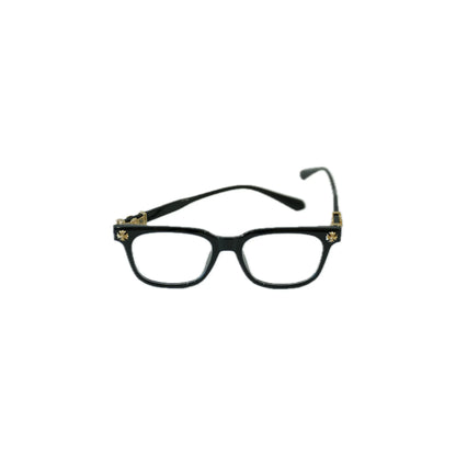 Stylish black eyeglasses with a modern rectangular frame and decorative gold accents on the temples.