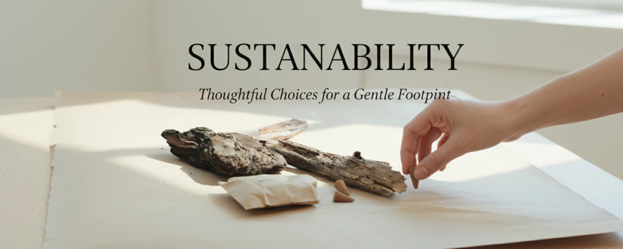 A hand picks up a tower incense beside natural materials on a light surface, with "SUSTAINABILITY" text above.
