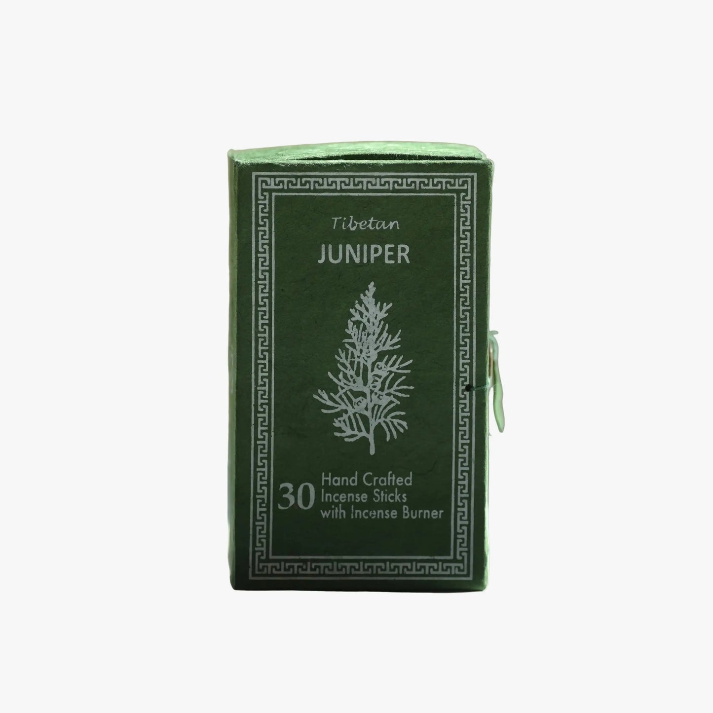 A green rectangular box of Tibetan Juniper incense sticks with white printed text and a tree illustration, shown on a plain light gray background.