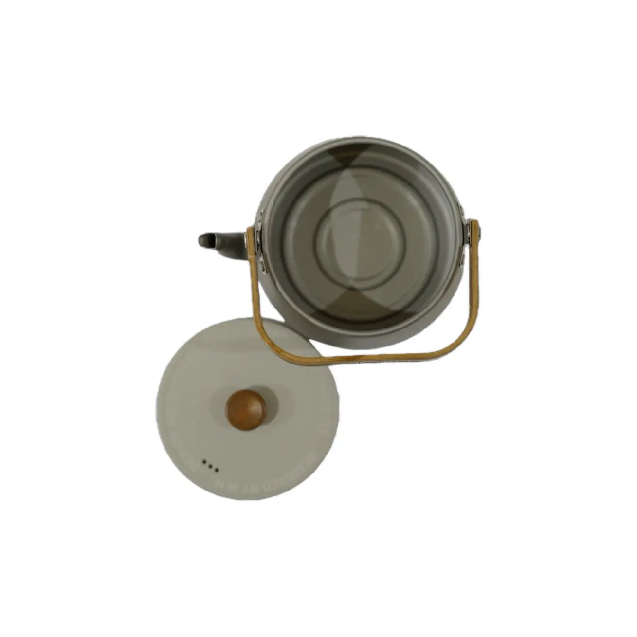 Top view of a metal kettle with a wooden knob, accompanied by a round lid, featuring a brass handle for easy carrying.