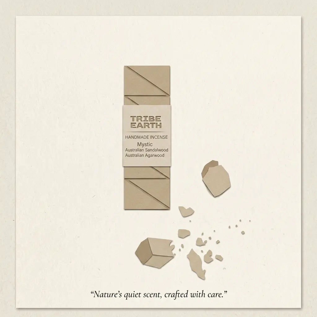 A minimalist product card for Tribe Earth Handmade Incense, featuring a vertical rectangular incense stick in a kraft-paper style with a central label. The card has a textured off-white background, stylized scattered incense pieces, and the scent name 'Mystic' with notes of Australian Sandalwood and Australian Agwood.