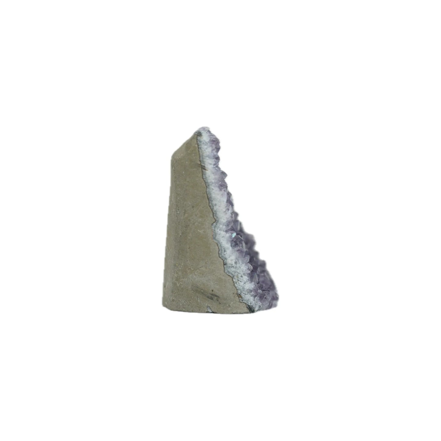 A triangular wedge-shaped decorative object featuring a textured gray-green stone-like face and a rough, glittering lavender-purple crystal or amethyst geode interior, isolated on a solid white background.