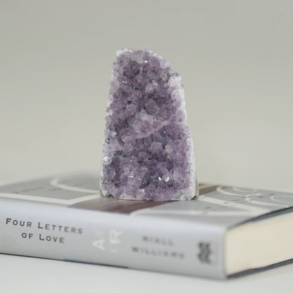 Amethyst crystal geode standing upright on a closed book titled "Four Letters of Love" by Nikki Williams.