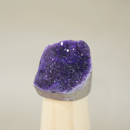 A raw amethyst geode cluster with deep purple crystal points and a gray matrix base, mounted on a light wood display stand against a neutral beige background.