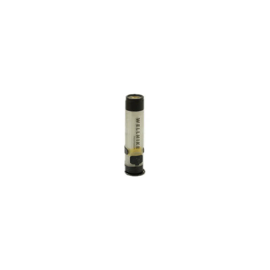 A single wellhike shotgun cartridge with a transparent body and black end, displayed against a white background.