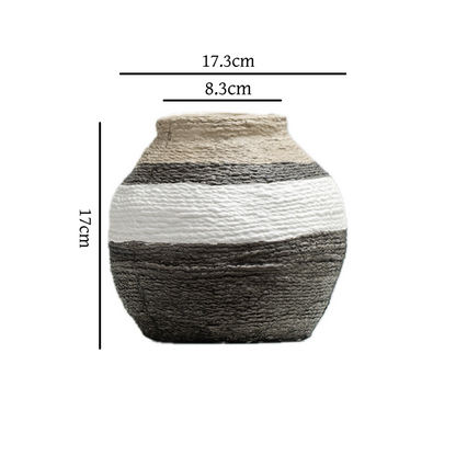 Wabi-Sabi Style Vase featuring horizontal stripes in beige, white, and gray, measuring 17.3cm in diameter and 17cm tall.