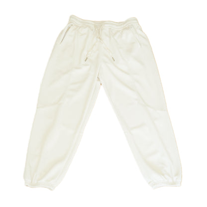 Men’s white summer jogger pants made from lightweight breathable polyester with relaxed fit and elastic cuffs for casual or active wear