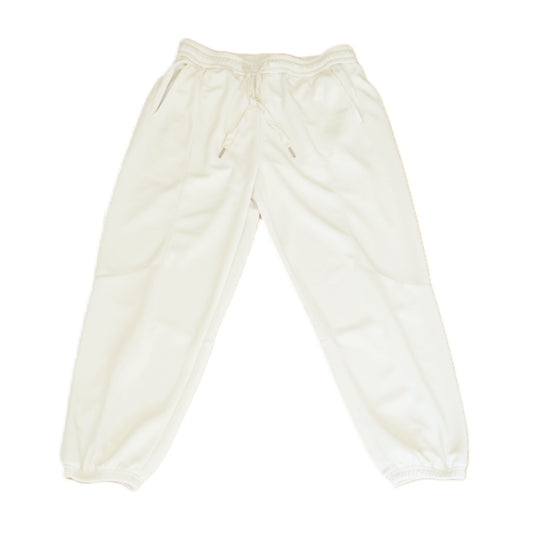 Men’s white summer jogger pants made from lightweight breathable polyester with relaxed fit and elastic cuffs for casual or active wear