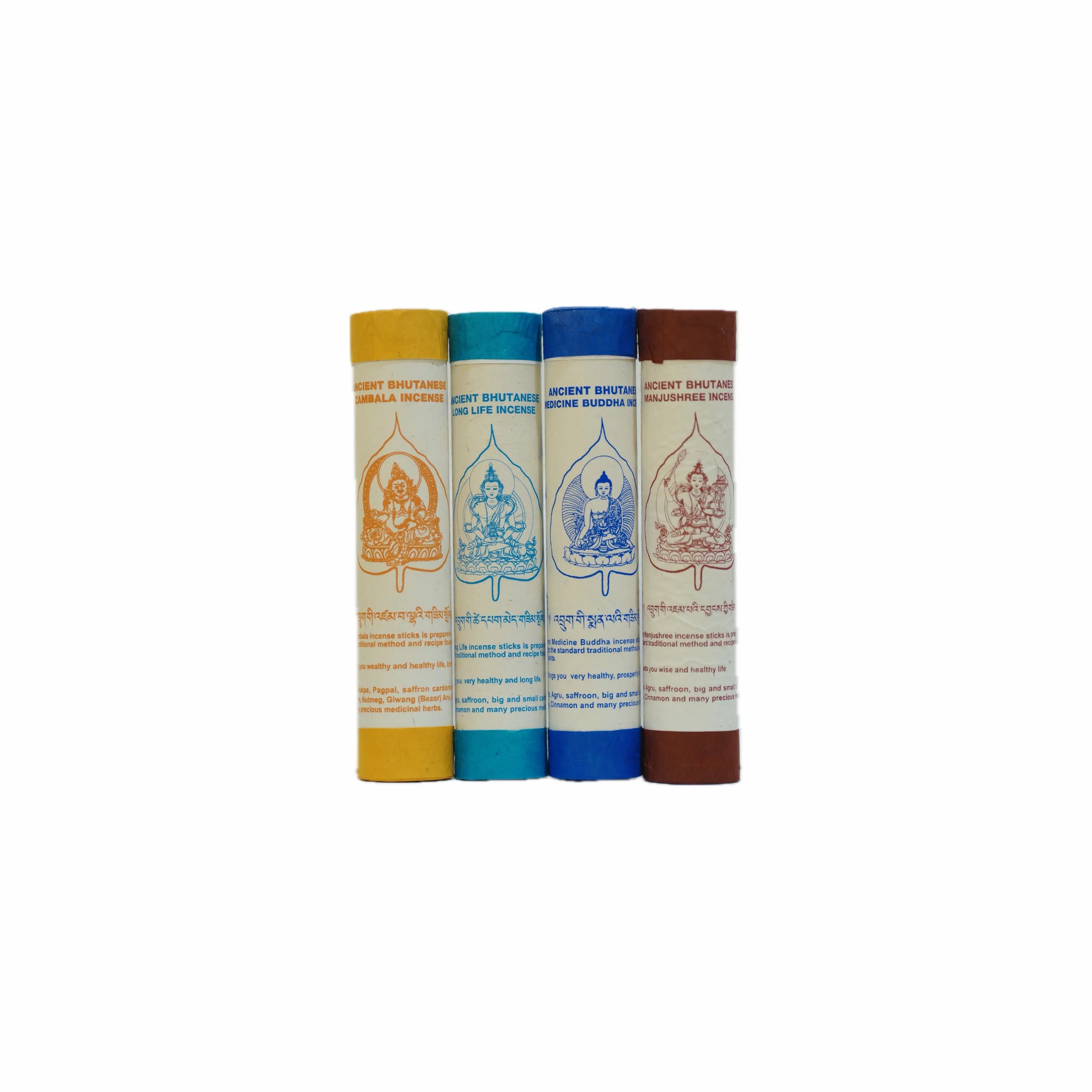 Ancient Bhutan Bodhi Tree Tibetan Incense Sticks Set - Zambala, Medicine Buddha, Long Life, and Manjushree Handmade Herbal Incense for Meditation and Yoga.