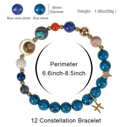 Blue constellation crystal bracelet with zodiac beads, 8mm natural blue stones, spiritual energy bracelet for protection, balance, and mindful living.