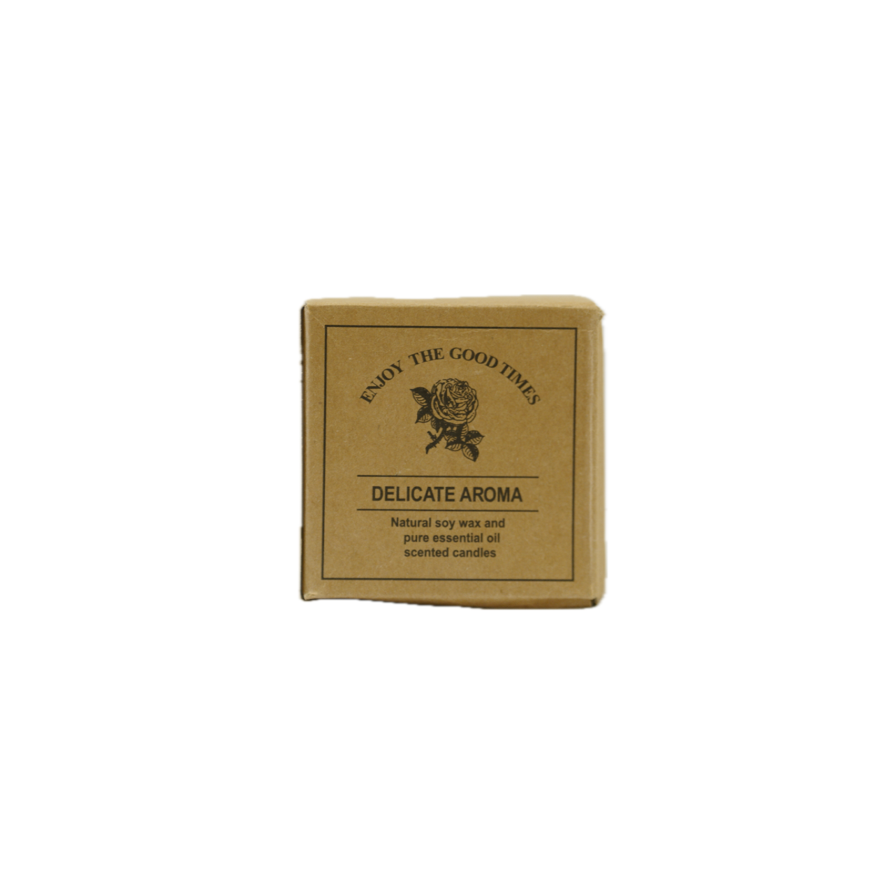A square brown box labeled "Delicate Aroma" for soy wax candles with a rose design, emphasizing natural ingredients.