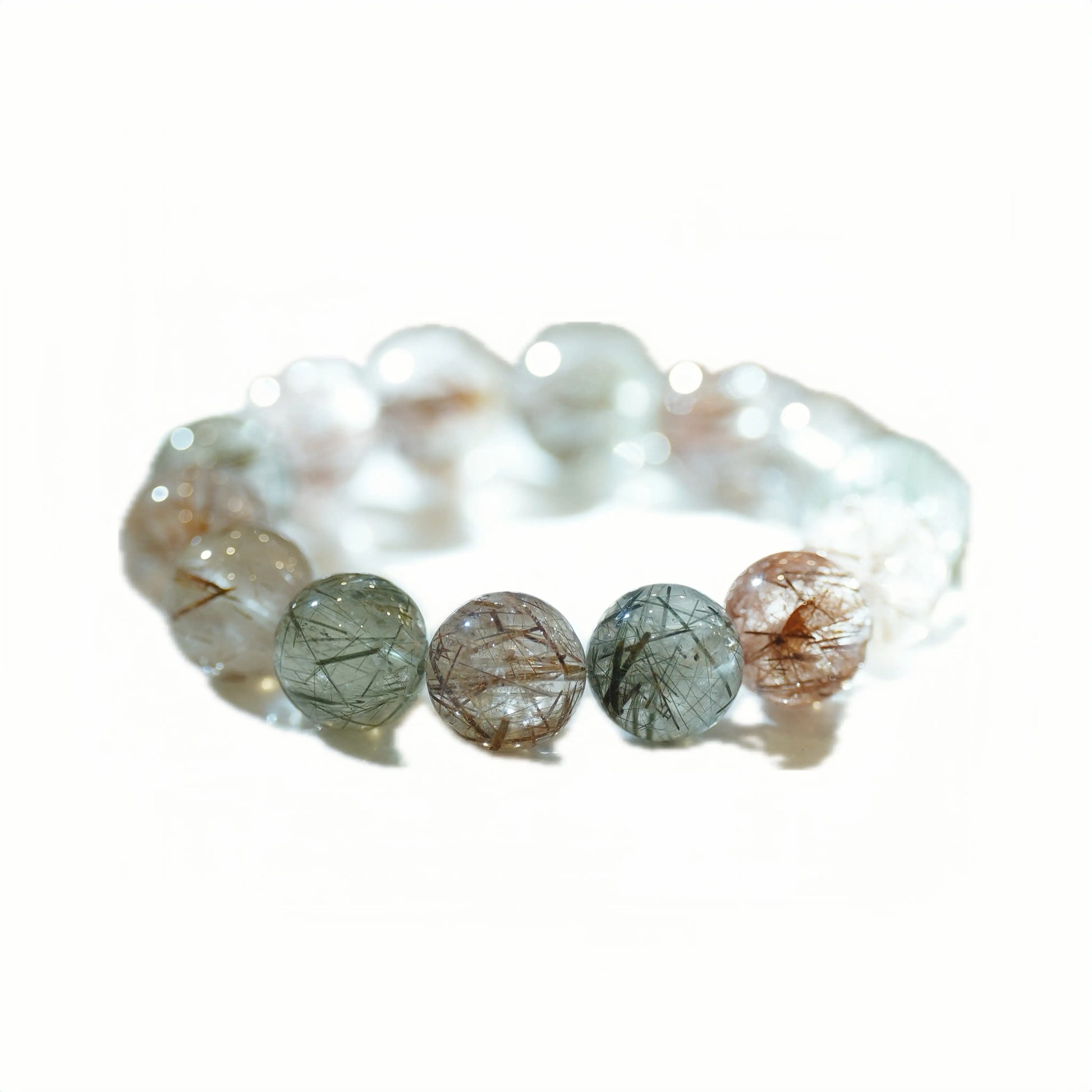 Handcrafted natural crystal bracelet featuring Copper and Green Rutilated Quartz beads for wealth attraction and career success, styled for mindful living at Singoau