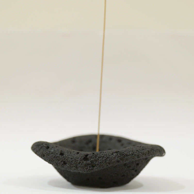 Handcrafted black lava stone incense burner, Eclipse Wabi-Sabi collection, for zen home decor and meditation spaces.