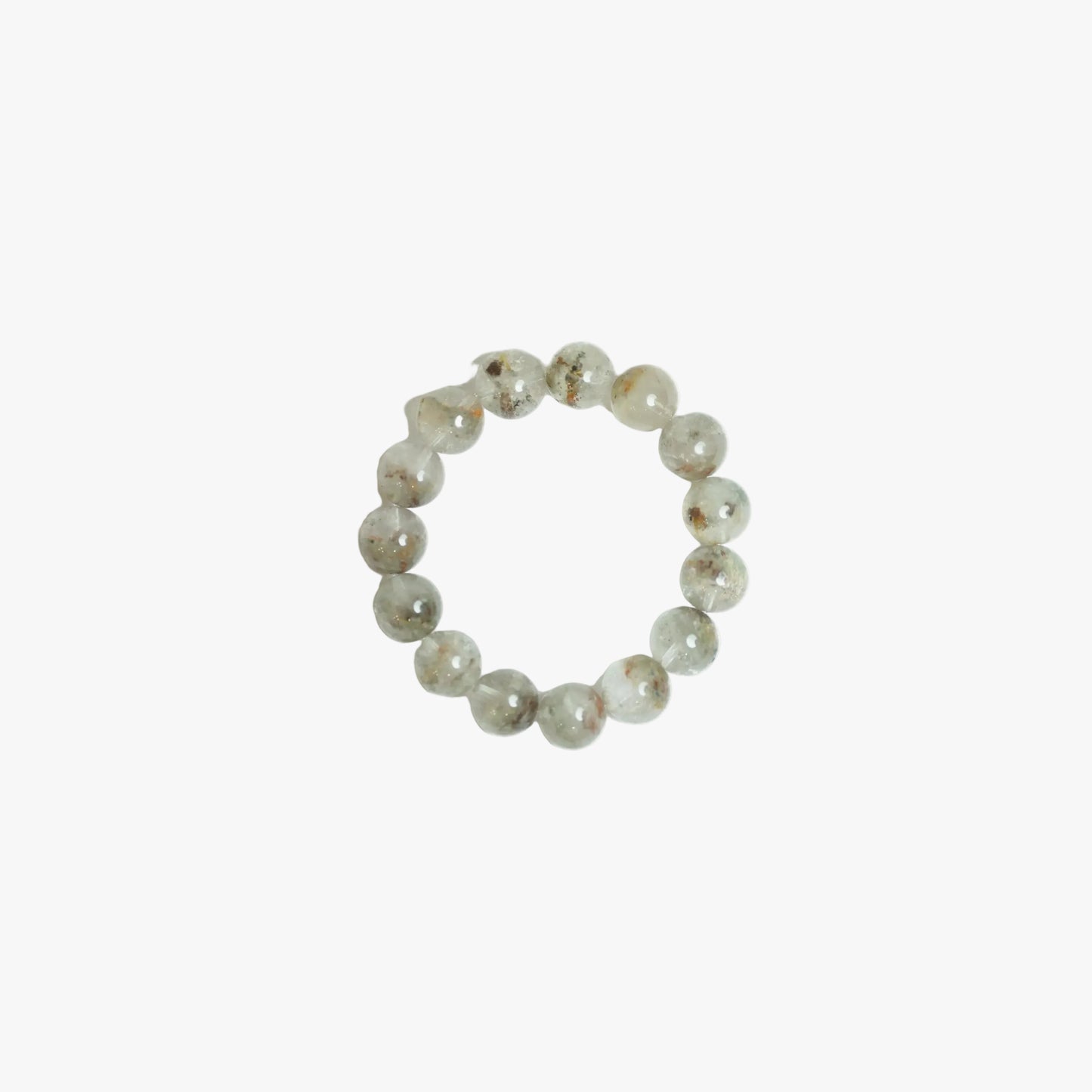 Handpicked 18mm Green Phantom Quartz crystal bracelet viewed top-down against a white background, displaying scenic natural inclusions and high clarity for heart chakra restoration at Singoau.