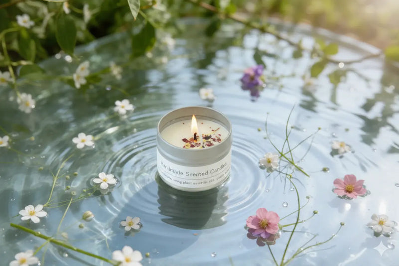 Handmade scented candle floating in water during calming ritual