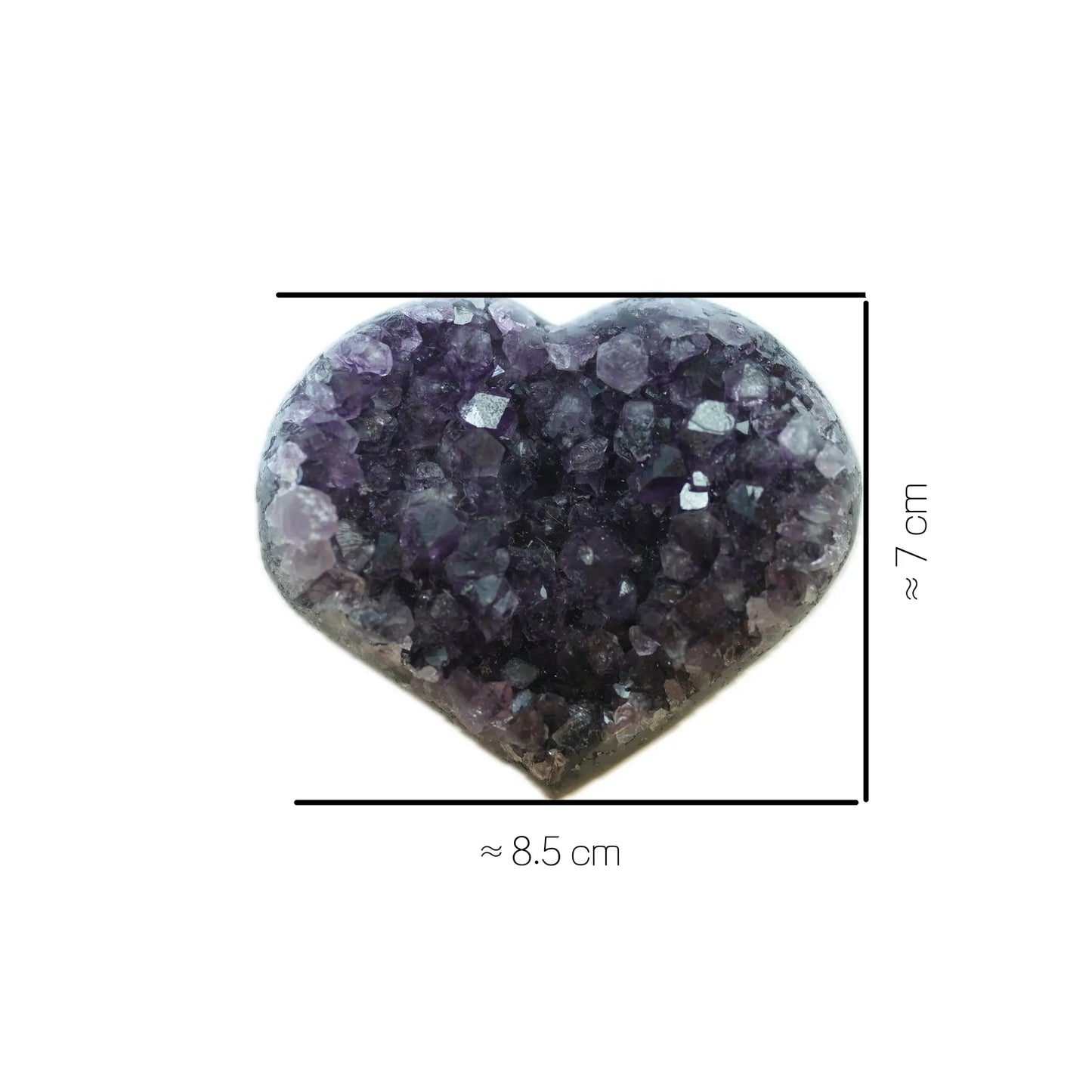 A detailed close-up product photograph of a large, handpicked heart-shaped Amethyst geode crystal cluster from Singoau, featuring deep purple and vibrant clear facets. The raw specimen rests on a crisp white background with overlay dimensions indicating it is approximately 8.5 cm wide by 7 cm tall. Perfect for meditation and Wabi-Sabi home decor.