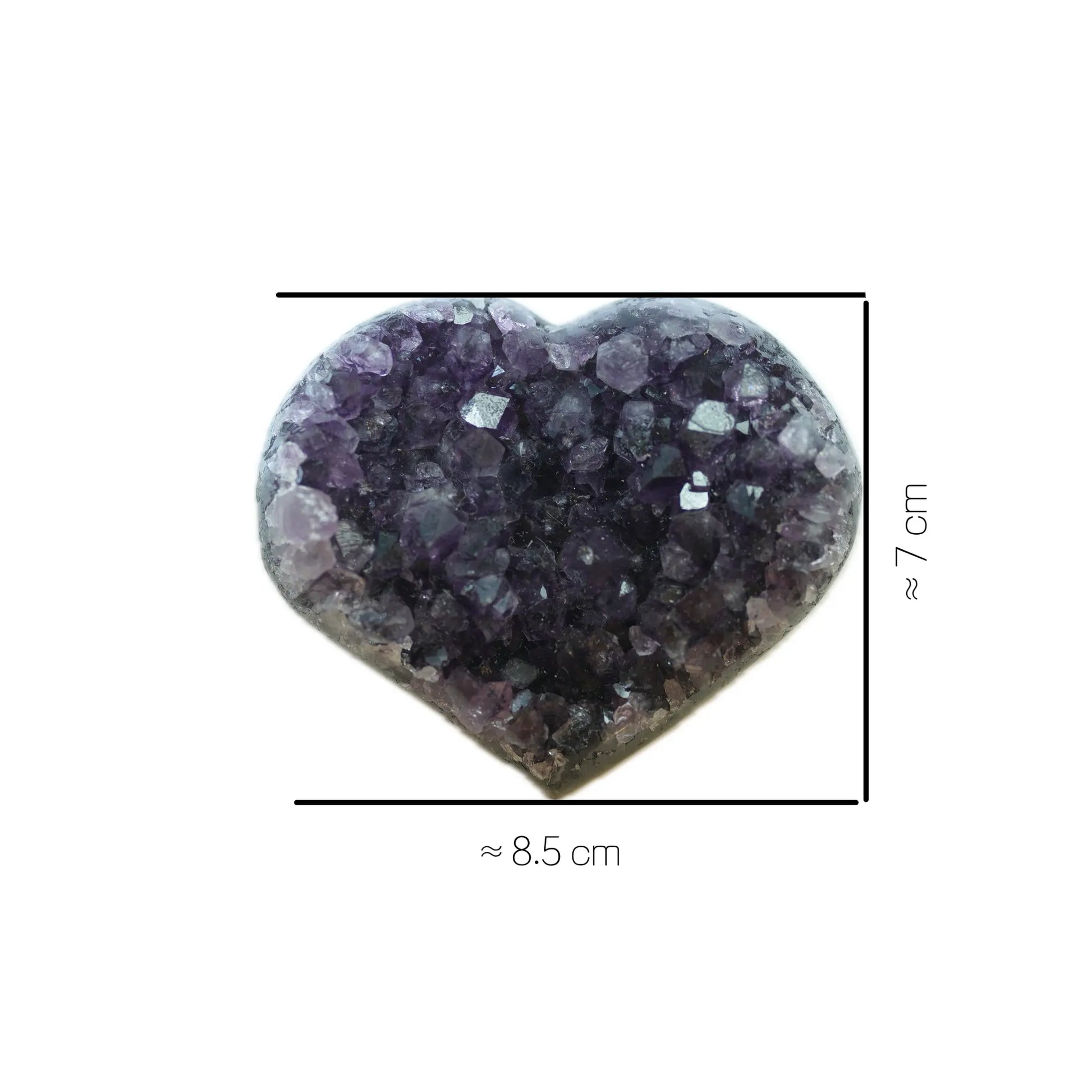 A detailed close-up product photograph of a large, handpicked heart-shaped Amethyst geode crystal cluster from Singoau, featuring deep purple and vibrant clear facets. The raw specimen rests on a crisp white background with overlay dimensions indicating it is approximately 8.5 cm wide by 7 cm tall. Perfect for meditation and Wabi-Sabi home decor.