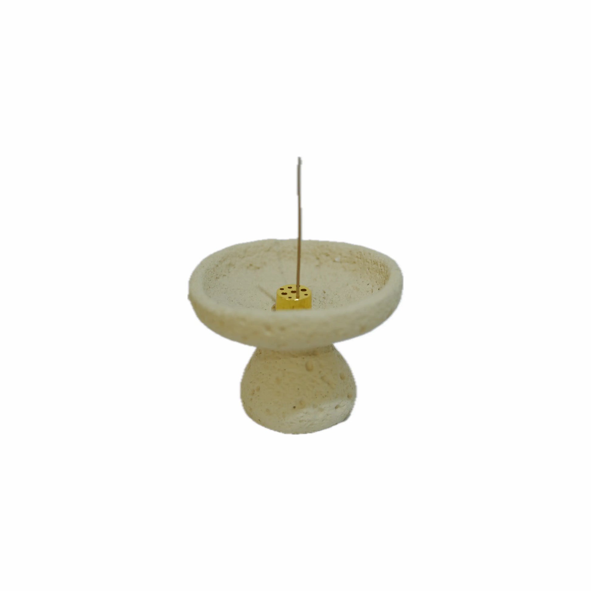 Hand-textured cement incense burner with a lit incense stick, showcasing the functional art and time vortex design.