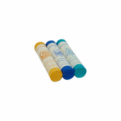 Natural Bhutan Bodhi Tree Tibetan Style Incense Tubes in Yellow, Blue, and Teal. Traditional handmade medicinal herbs for purification and home fragrance.